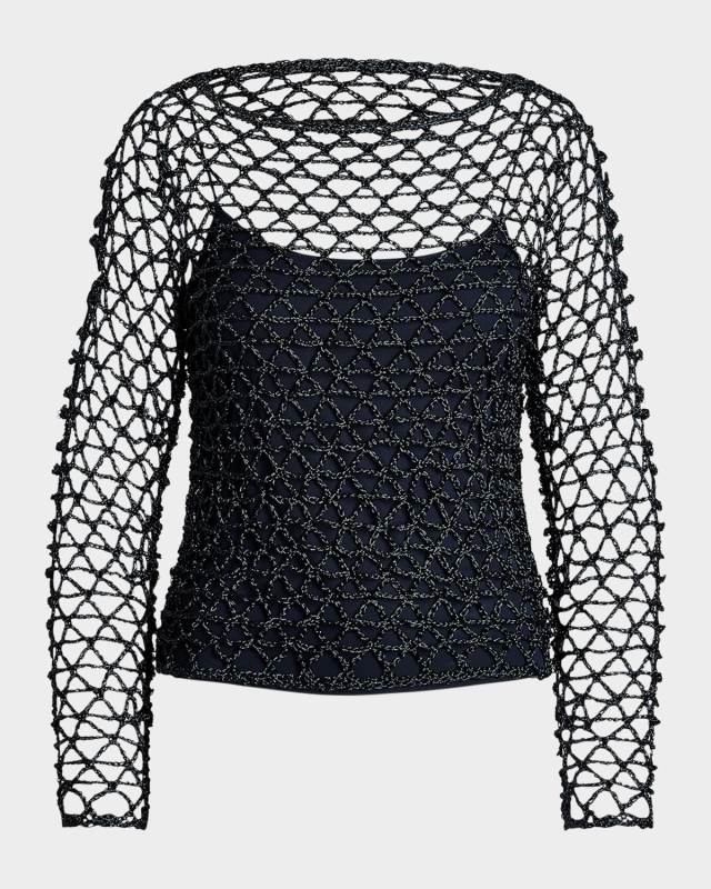 Boat-Neck Metallic Crochet Knit Sweat